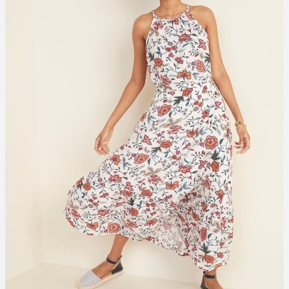 Old Navy Dresses & Skirts - Old Navy Floral Waist Defined Braided Strap Maxi Dress Women's Large Tall White